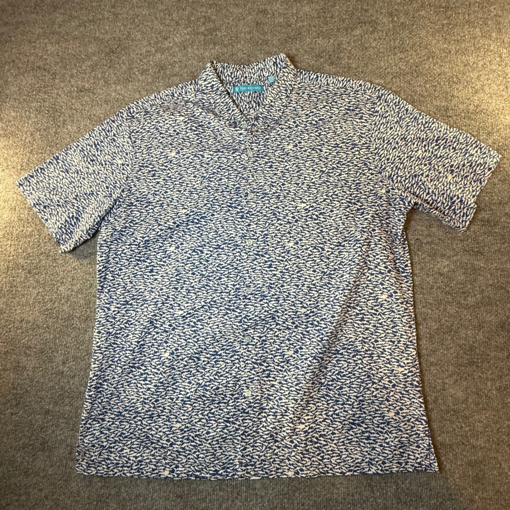Tori Richard Mens XL Shark Print Cotton Lawn Hawaiian Shirt Blue White Made HI